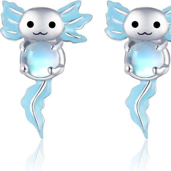 Axolotl Sterling Silver Earrings with Moonstone – Cute Animal Studs NWT - Picture 6 of 6